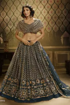 Dark-green sequins embroidered net Semi Stitched bridal lehenga
