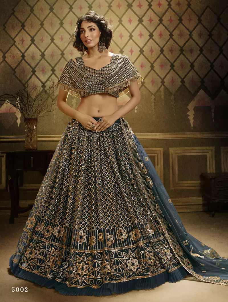Dark-green sequins embroidered net Semi Stitched bridal lehenga