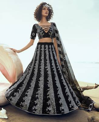 Black embroidered net semi stitched lehenga 1