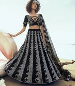 Black embroidered net semi stitched lehenga