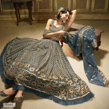 Dark-green sequins embroidered net Semi Stitched Bridal Lehenga 3