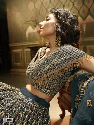 Dark-green sequins embroidered net Semi Stitched Bridal Lehenga 4
