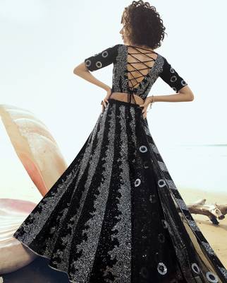 Black embroidered net semi stitched lehenga 4