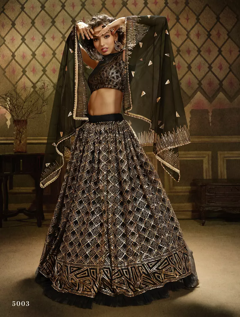 Glamorous Black Coding and sequins embroidered net fabric Lehenga choli