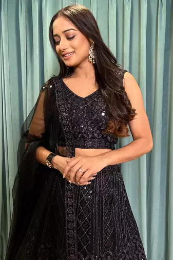 Black Net Sequin Work Lehenga 