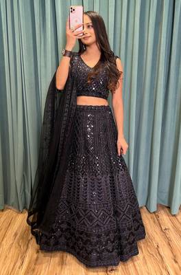 Black Net Sequin Work Lehenga  3