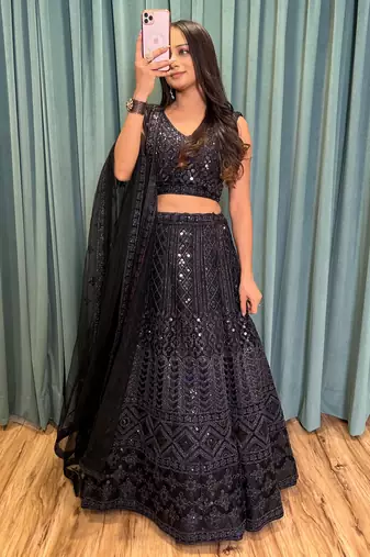 Black Net Sequin Work Lehenga 