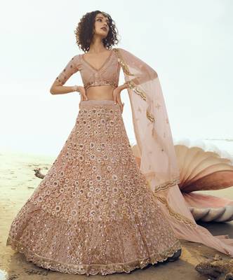 Peach sequins embroidered net Semi Stitched Lehenga 1
