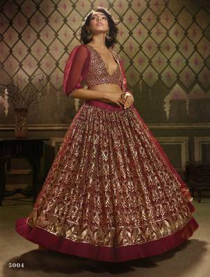 Maroon sequins embroidered net Semi Stitched Bridal Lehenga 1