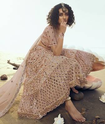 Peach sequins embroidered net Semi Stitched Lehenga 4