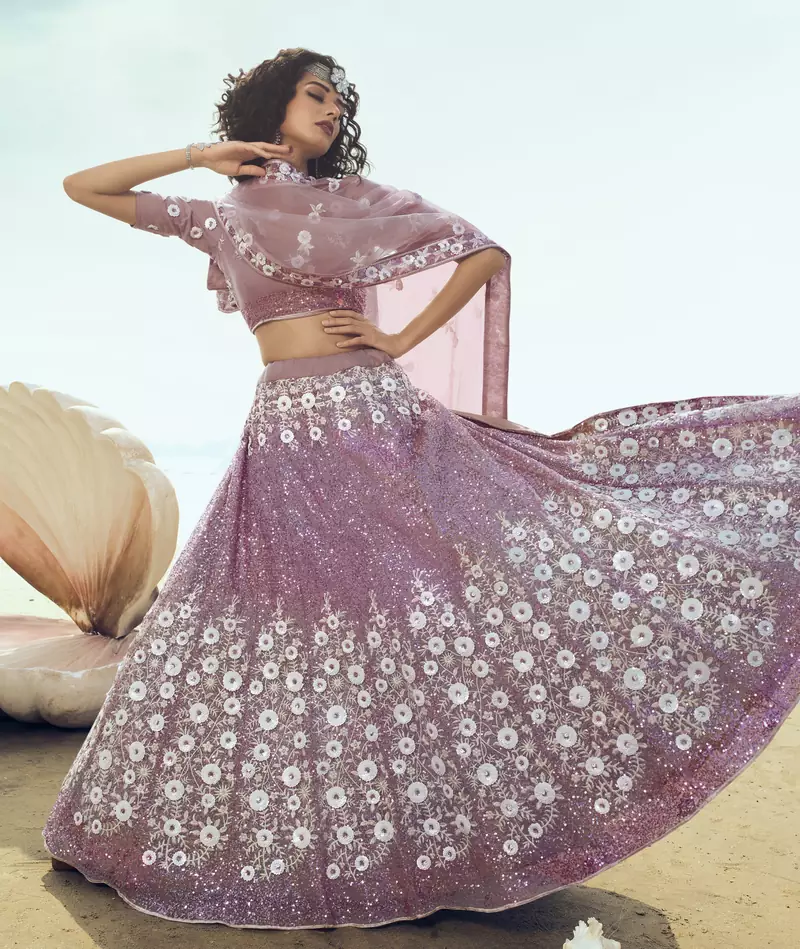 Lilac thread and sequins embroidered net semi stitched lehenga