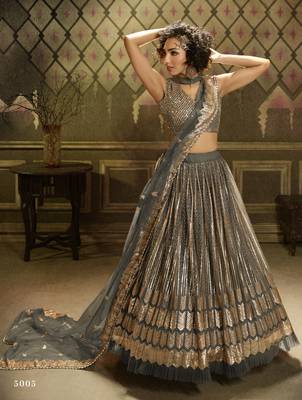 Grey sequins embroidered net Semi Stitched Bridal Lehenga 1