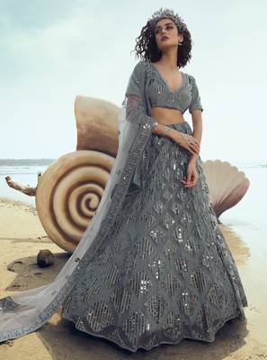 Grey embroidered net Semi Stitched Lehenga 1