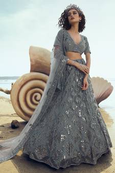 Grey embroidered net Semi Stitched Lehenga