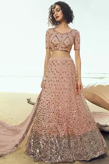 Peach sequins embroidered net semi stitched lehenga