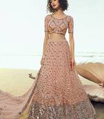 Peach sequins embroidered net Semi Stitched Lehenga