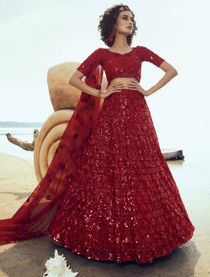 Red Net Sequin Embroidered Semi Stitched Lehenga 1
