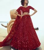 Red Net Sequin Embroidered Semi Stitched Lehenga