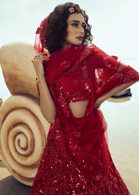 Red Net Sequin Embroidered Semi Stitched Lehenga 2