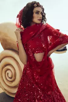 Red Net Sequin Embroidered Semi Stitched Lehenga