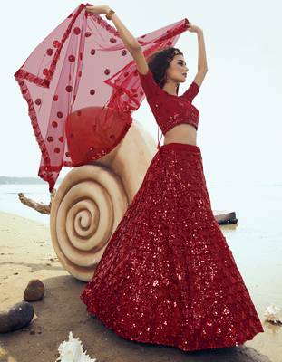 Red Net Sequin Embroidered Semi Stitched Lehenga 3