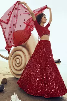Red Net Sequin Embroidered Semi Stitched Lehenga