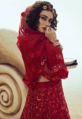 Red Net Sequin Embroidered Semi Stitched Lehenga 4
