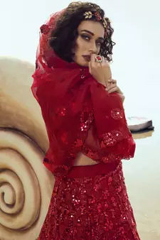 Red Net Sequin Embroidered Semi Stitched Lehenga