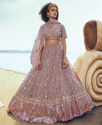Lilac embroidered net Semi Stitched Bridal Lehenga 1