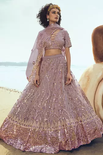 Lilac embroidered net Semi Stitched bridal lehenga