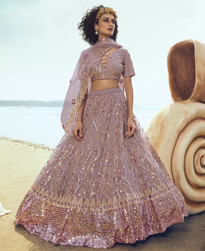 Lilac embroidered net Semi Stitched bridal lehenga
