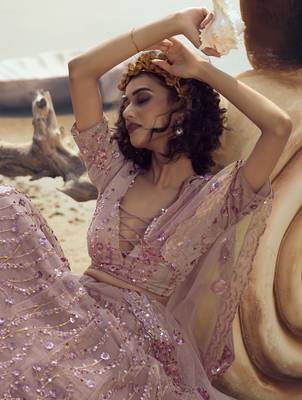 Lilac embroidered net Semi Stitched Bridal Lehenga 2