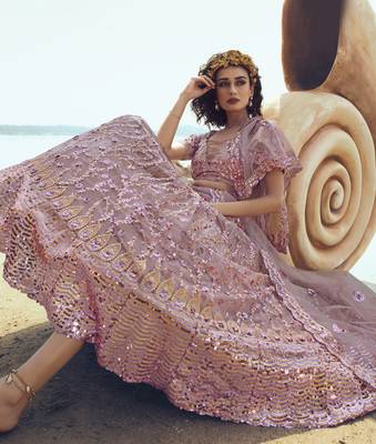 Lilac embroidered net Semi Stitched Bridal Lehenga 3
