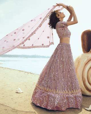 Lilac embroidered net Semi Stitched Bridal Lehenga 4