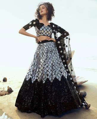 tempting wheat Black sequins embroidered net semi stitched lehenga 1