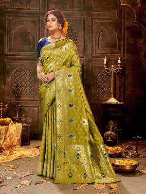 Olive woven banarasi silk saree with blouse 1