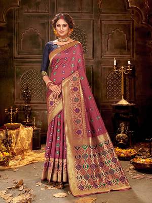Onion pink woven banarasi silk saree with blouse 1
