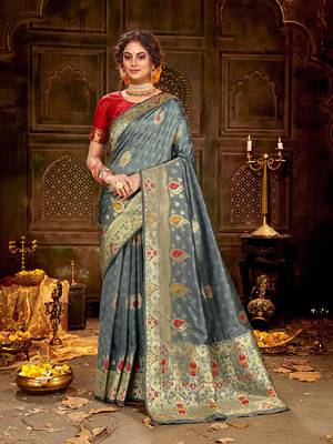 Grey woven banarasi silk saree with blouse 1
