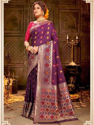 Purple woven banarasi silk saree with blouse 1
