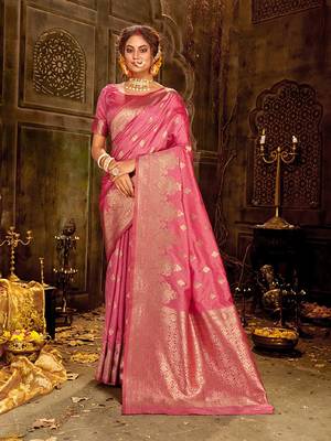 Pink woven banarasi silk saree with blouse 1