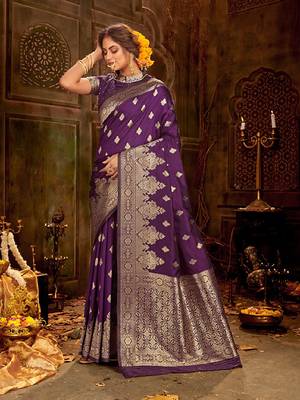 Violet woven banarasi silk saree with blouse 1