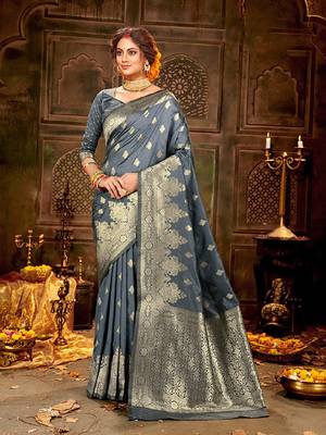 Grey woven banarasi silk saree with blouse 1