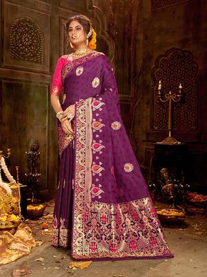 Wine woven banarasi silk saree with blouse 1