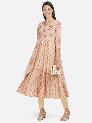 Vbuyz Women's Foil Print & Embroidered Anarkali Rayon Peach Kurti 1