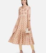Vbuyz Women's Foil Print & Embroidered Anarkali Rayon Peach Kurti