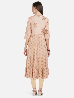 Vbuyz Women's Foil Print & Embroidered Anarkali Rayon Peach Kurti 2