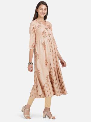 Vbuyz Women's Foil Print & Embroidered Anarkali Rayon Peach Kurti 4