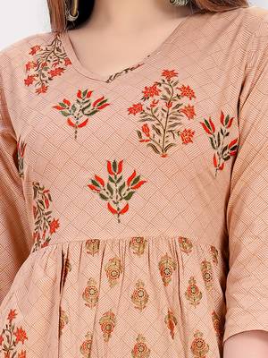 Vbuyz Women's Foil Print & Embroidered Anarkali Rayon Peach Kurti 5