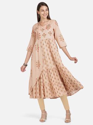Vbuyz Women's Foil Print & Embroidered Anarkali Rayon Peach Kurti 7