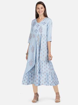 Vbuyz Women's Foil Print & Embroidered Anarkali Rayon Sky Blue Kurti 1